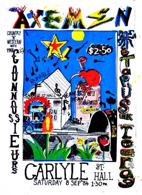 Colourful hi-res version of Stevie & Stu's Carlyle St Hall poster